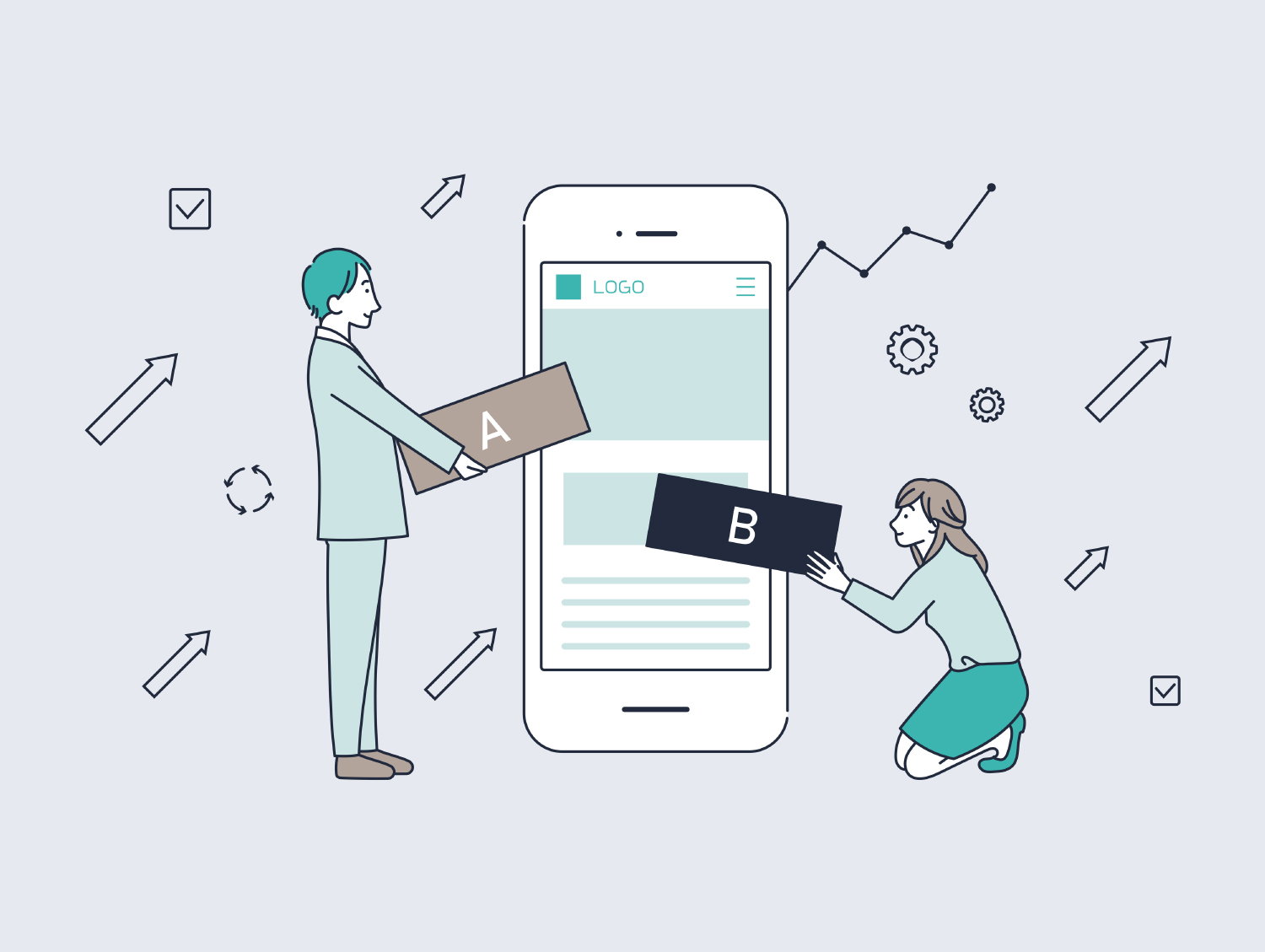 スマホのABテストをしている男女